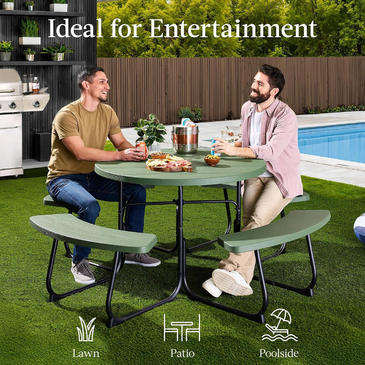 Best Choice Products 8-Person Outdoor Bench Patio Picnic Table, Circular w/ 4 Built-in Benches and Umbrella Hole, 2000lb Capacity - Green