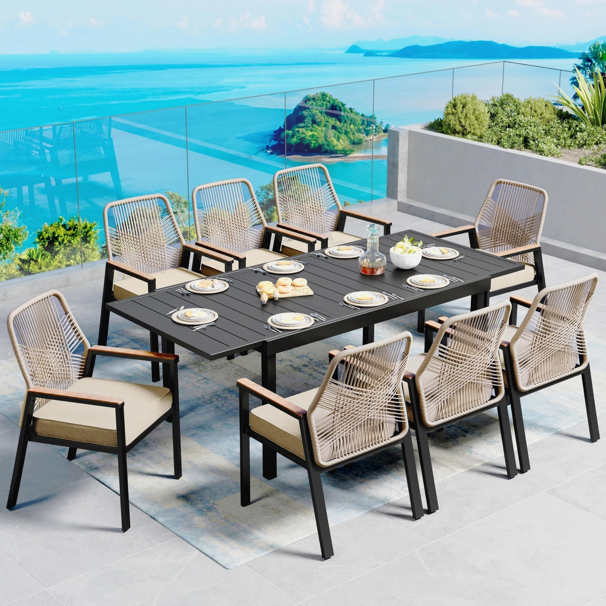 SUNSHINE VALLEY 9pc Patio Dining Set, 57.5" Square Table & 8 Rattan Chairs