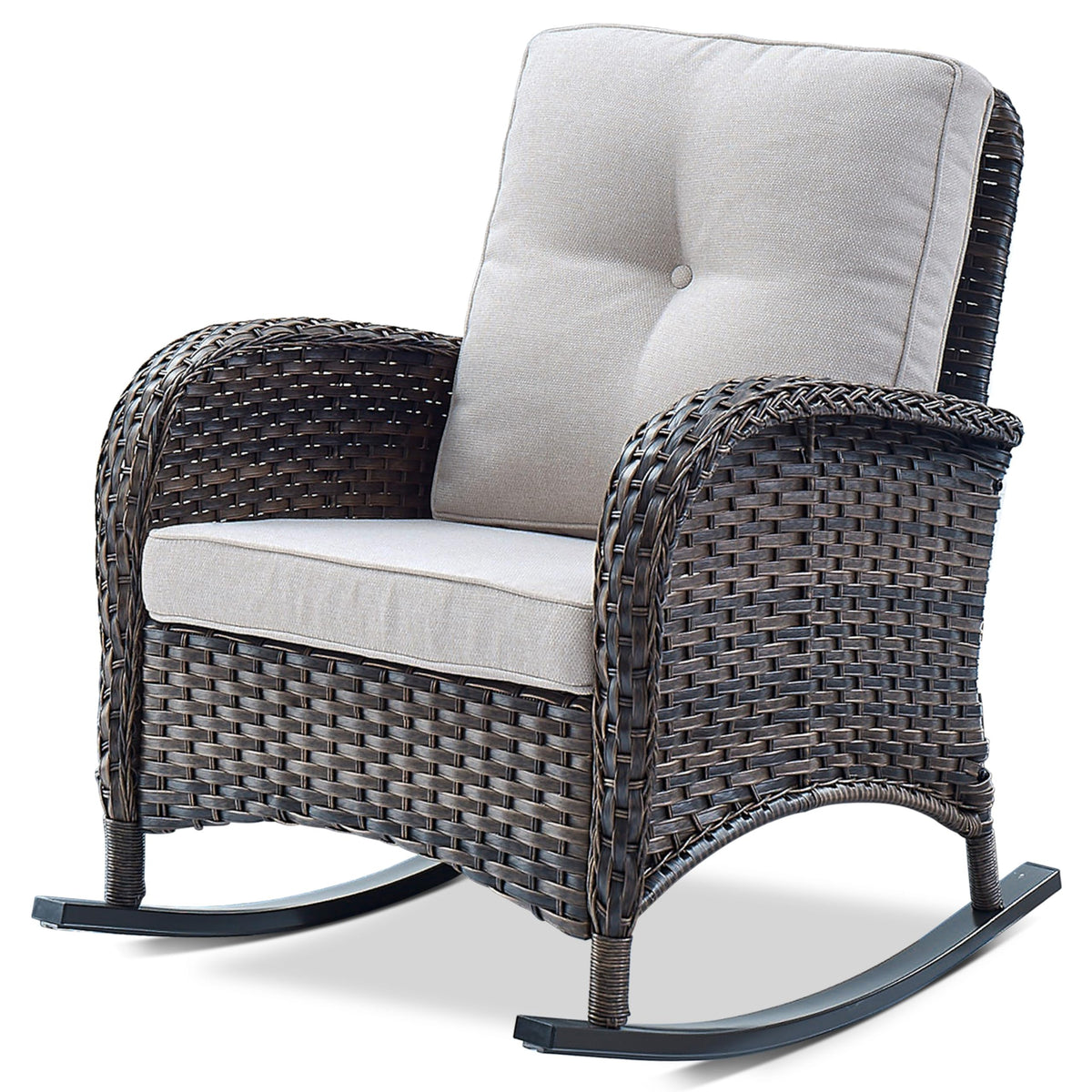 Belord Patio Rocking Chair Wicker Chair, 1 Piece Outdoor Rocking Chair Seating with Cushions for Porch Deck Balcony, Brown/Blue