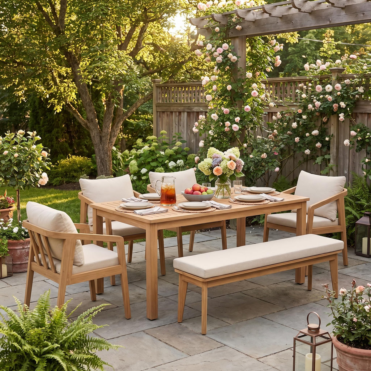FansaFurn 6 Piece Acacia Outdoor Patio Table and Chairs Set for All-Weather