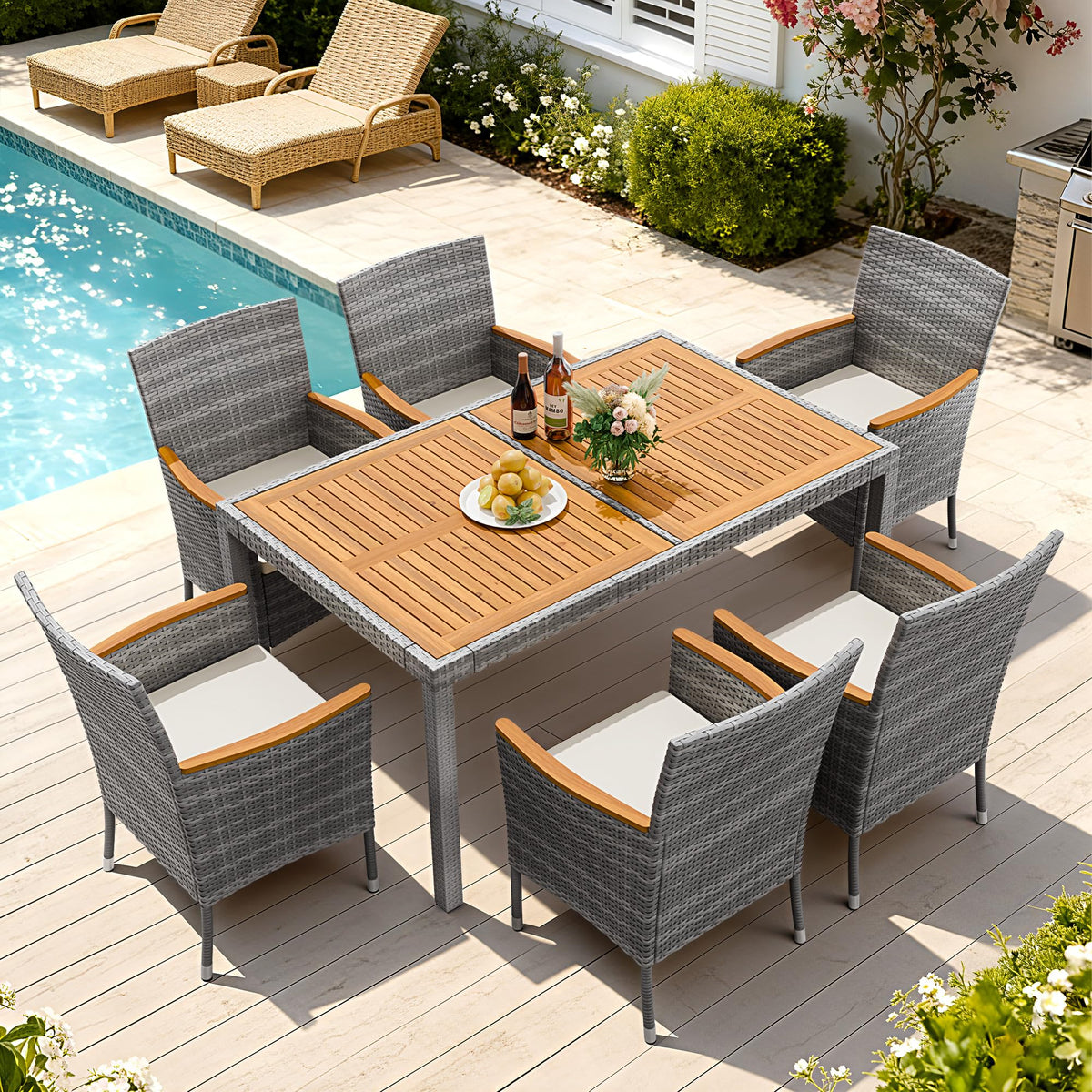 Devoko 7 PCS Acacia Wood Patio Dining Set, Black Rattan