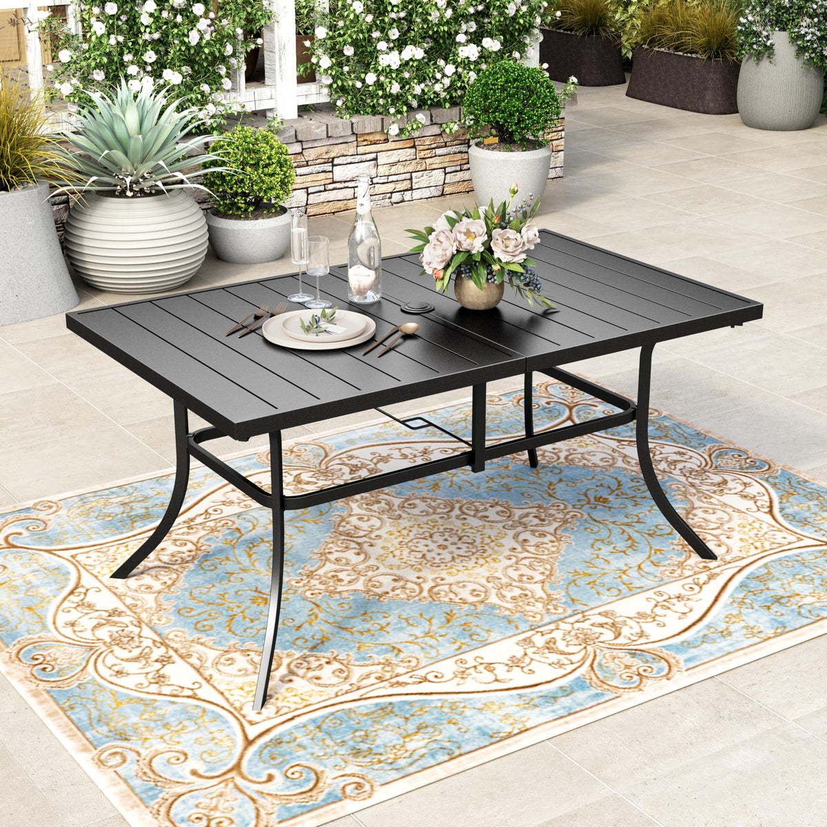 HERA'S HOUSE Outdoor Dining Table for 6, Brown Metal Table w/Umbrella Hole