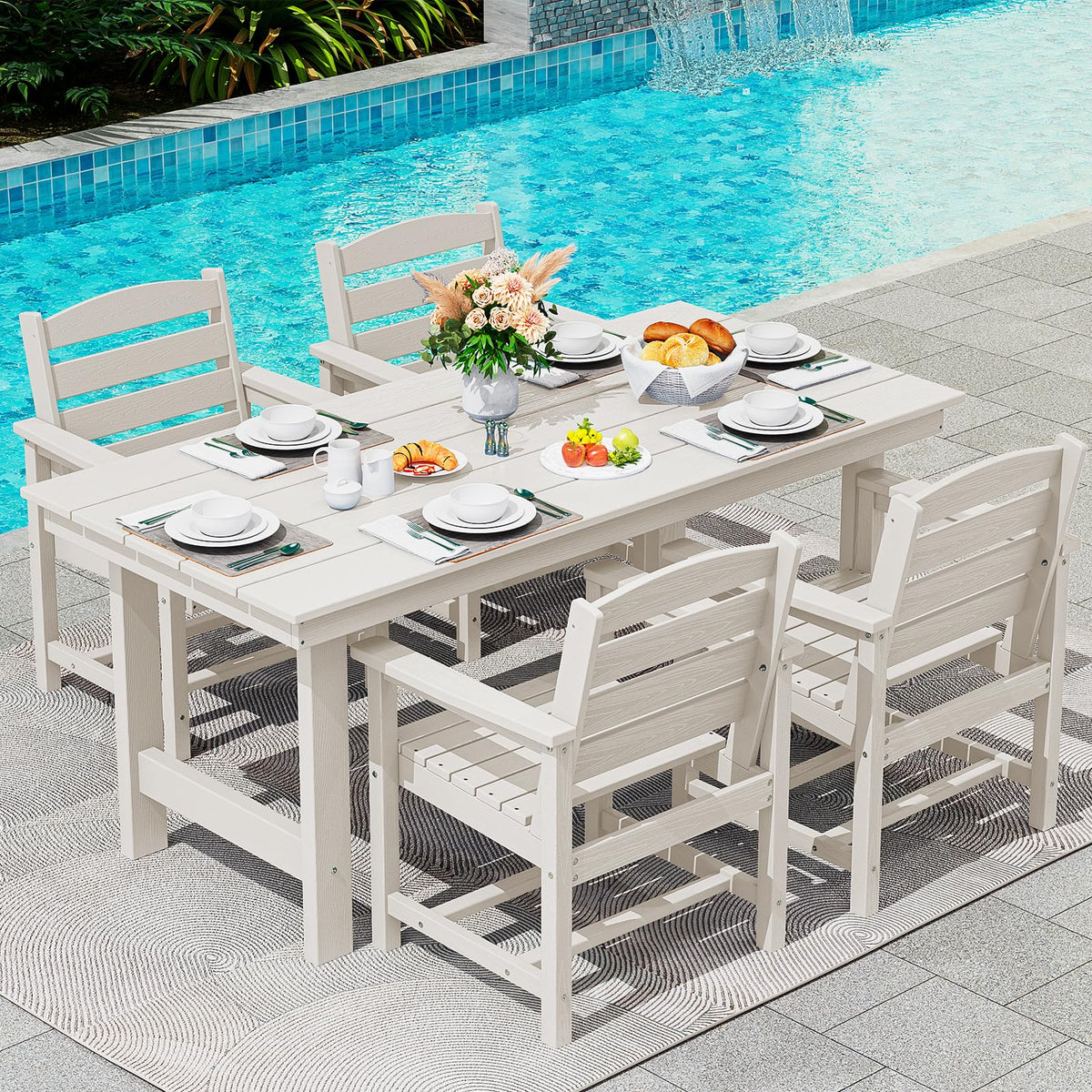 SERWALL 7 Pcs Outdoor Dining Set, 67" HDPE Dining Set for 6, Black