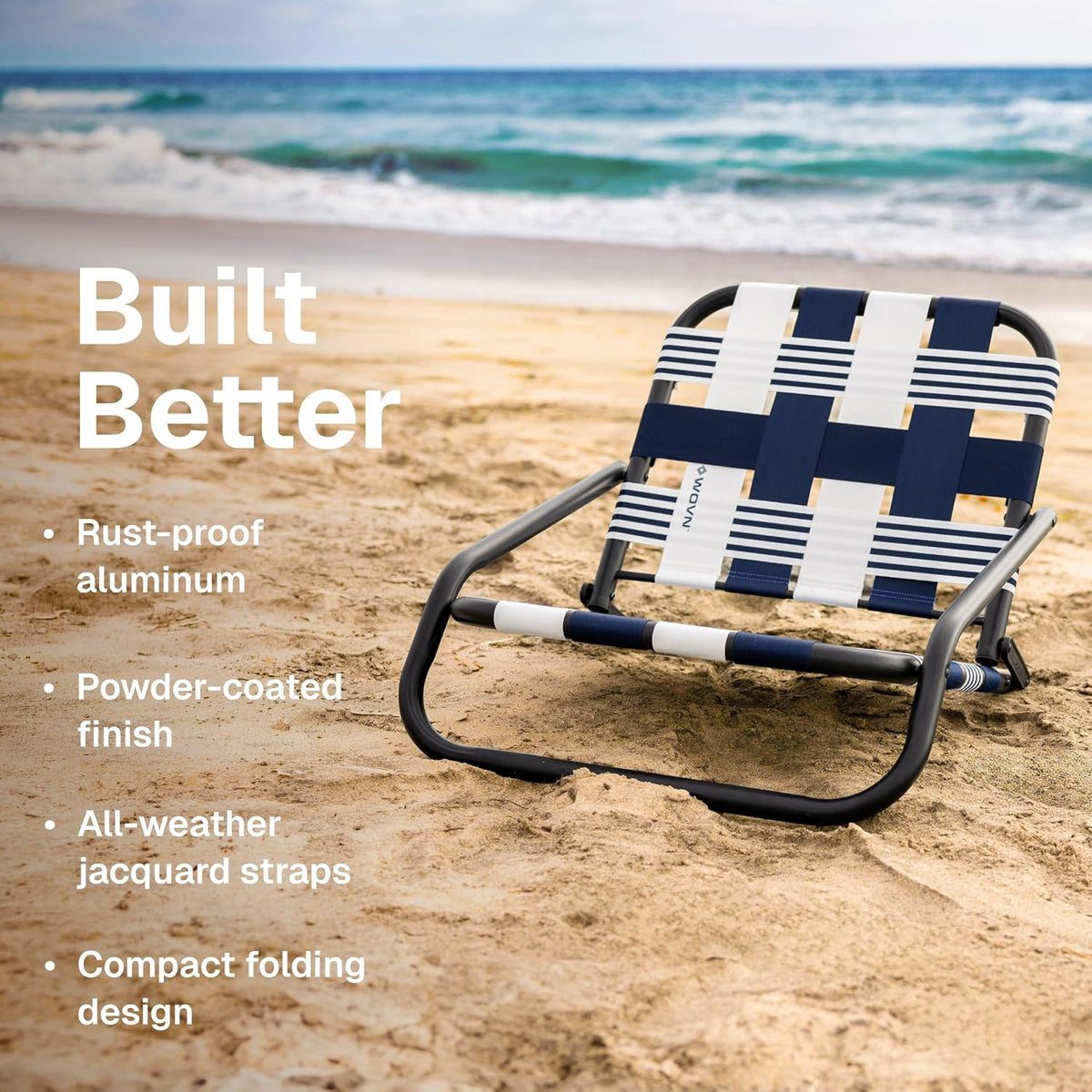 WOVN Low Beach Chairs - Premium Folding Beach Chair for Adults - Low Profile, Super Lightweight with Portable Shoulder Strap - Great for Sand and Lawn - Lido