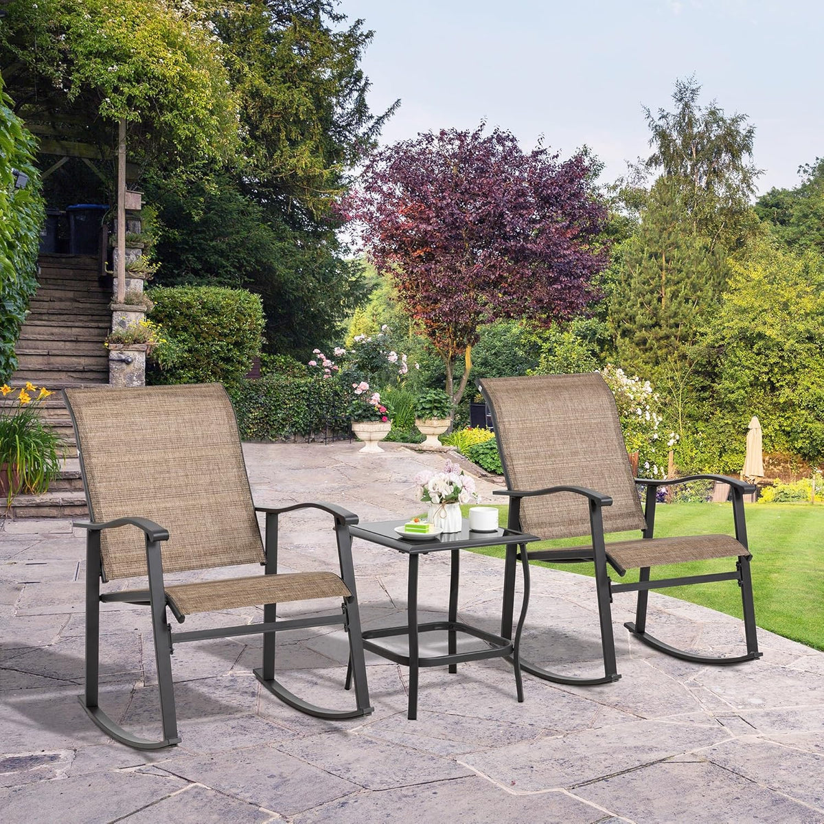 Shintenchi Rocking Chair Outdoor with Table, 3 Piece Rocking Patio Bistro Set, Outdoor Furniture Set with Metal Frame and Textilene Fabric for Small Space, Brown