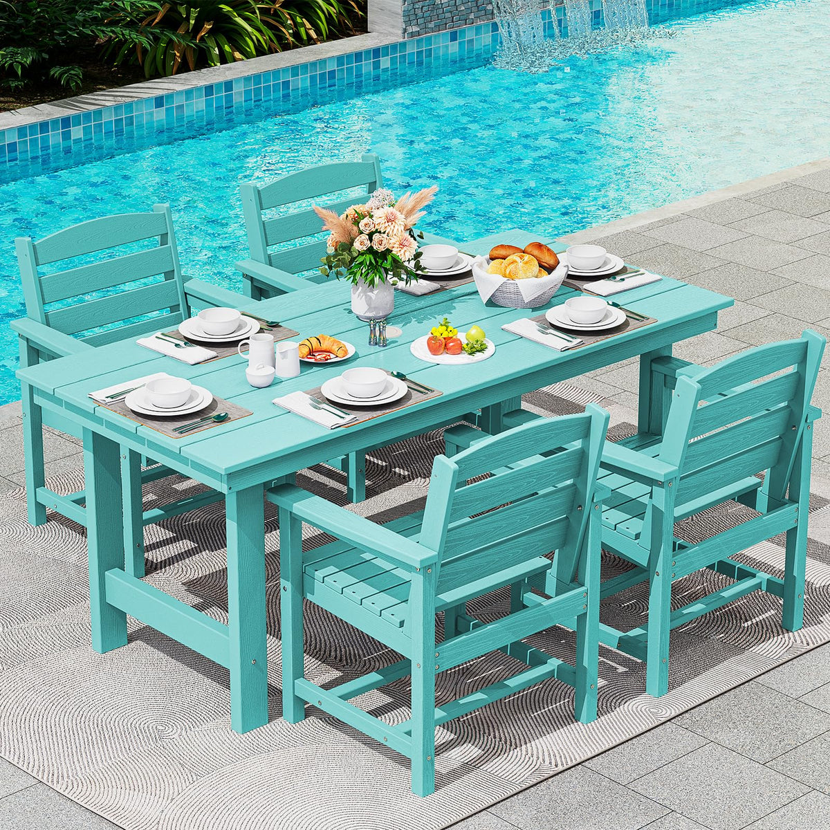 SERWALL 7 Pcs Outdoor Dining Set, 67" HDPE Dining Set for 6, Black