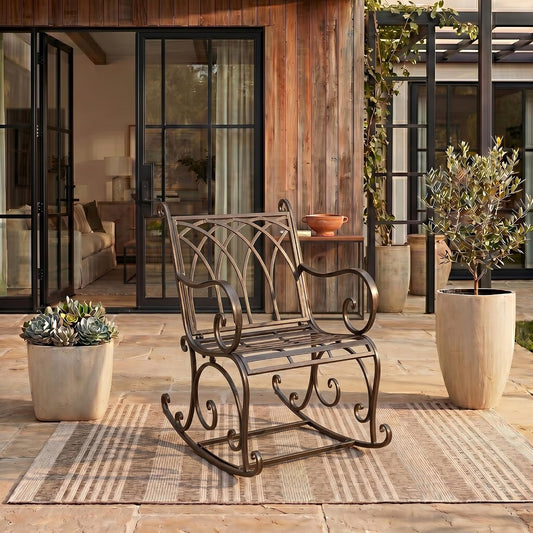 SAFAVIEH Outdoor - Medrano Iron Rocking Chair - Rustic Brown Iron Metal - Vintage Ornate Scrollwork Design - Ideal for Patio, Deck, Porch, Garden, 15" Seat Height (PAT5030B)