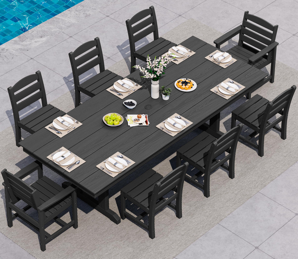 SERWALL Outdoor 84" HDPE Rectangular Dining Table for 6-8,All-Weather,Black
