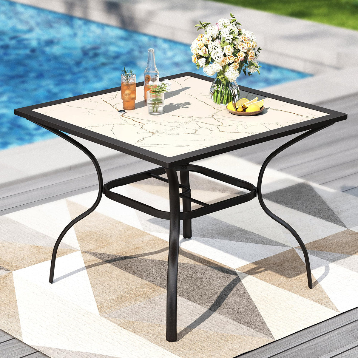 PHI VILLA Patio Table w/Umbrella Hole, Black Metal Dining Table for 4