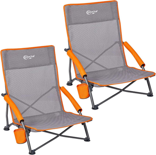 Portal Beach Chairs for Adults Camping Low Lightweight Portable Chair with Cup Holder Mesh Back Carry Bag for Outdoor Sand Lawn Travel Picnic Festival Concert
