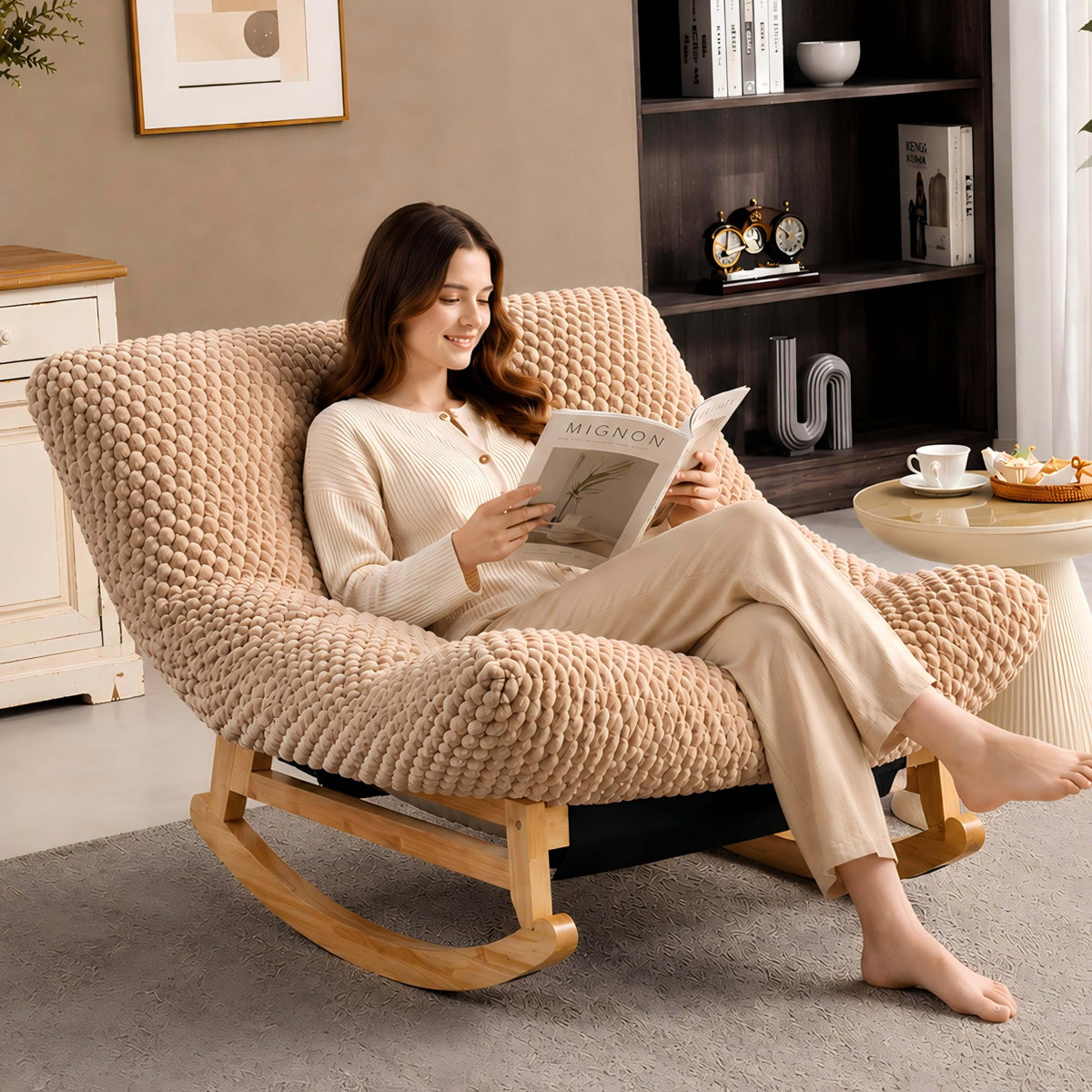 Oversized Rocking Chair Indoor with Corduroy Cushion (Light Grey)