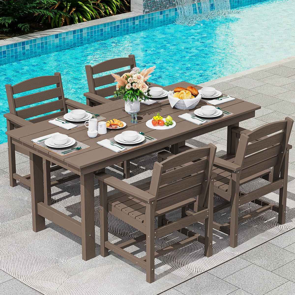 SERWALL 7 Pcs Outdoor Dining Set, 67" HDPE Dining Set for 6, Black