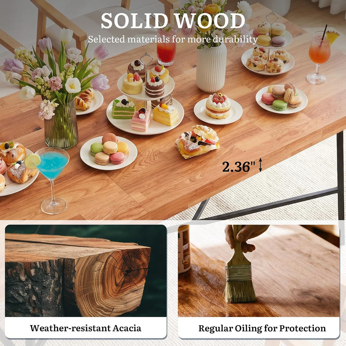 DWVO Industrial Acacia Wood Dining Table 68.9", Heavy Duty Outdoor Rectangle Table with Metal Legs, 500lbs Capacity Patio Dining Table with Umbrella Hole for 6-8 People Indoor Outdoor Use
