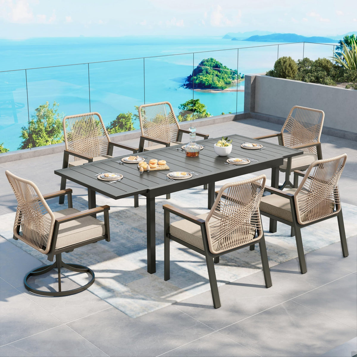 SUNSHINE VALLEY 9pc Patio Dining Set, 57.5" Square Table & 8 Rattan Chairs