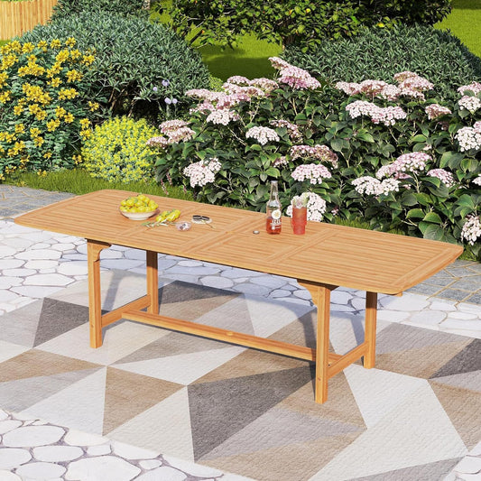 PHI VILLA Teak Outdoor Table, Expandable Wood Table w/Umbrella Hole