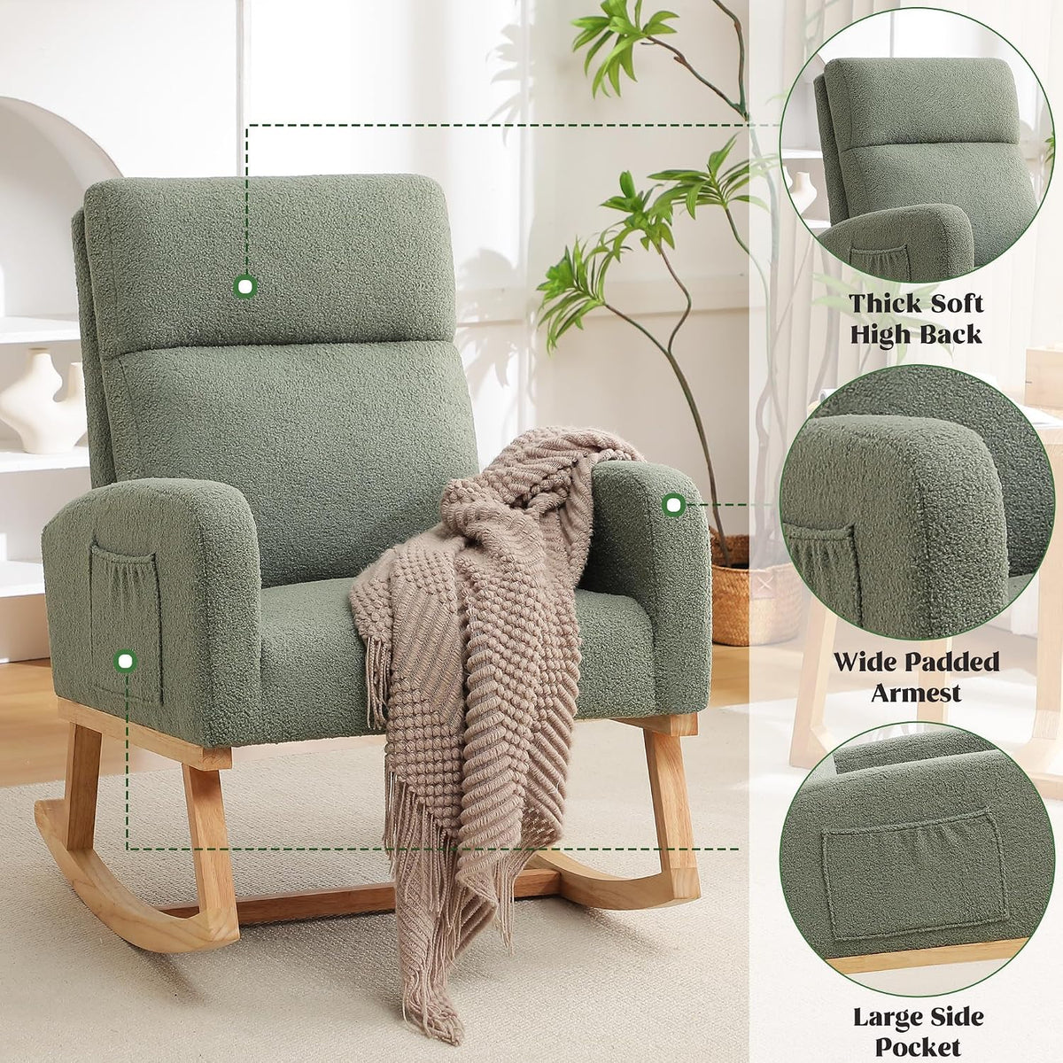 HCHAIRH Rocking Chair Nursery, Boucle Teddy Nursing Rocking Chairs, Upholstered Nursery Glider Rocker for Mom Nursery Morden Accent Rocking Chair with Side Pocket for Living Room,Bedroom, Light Green