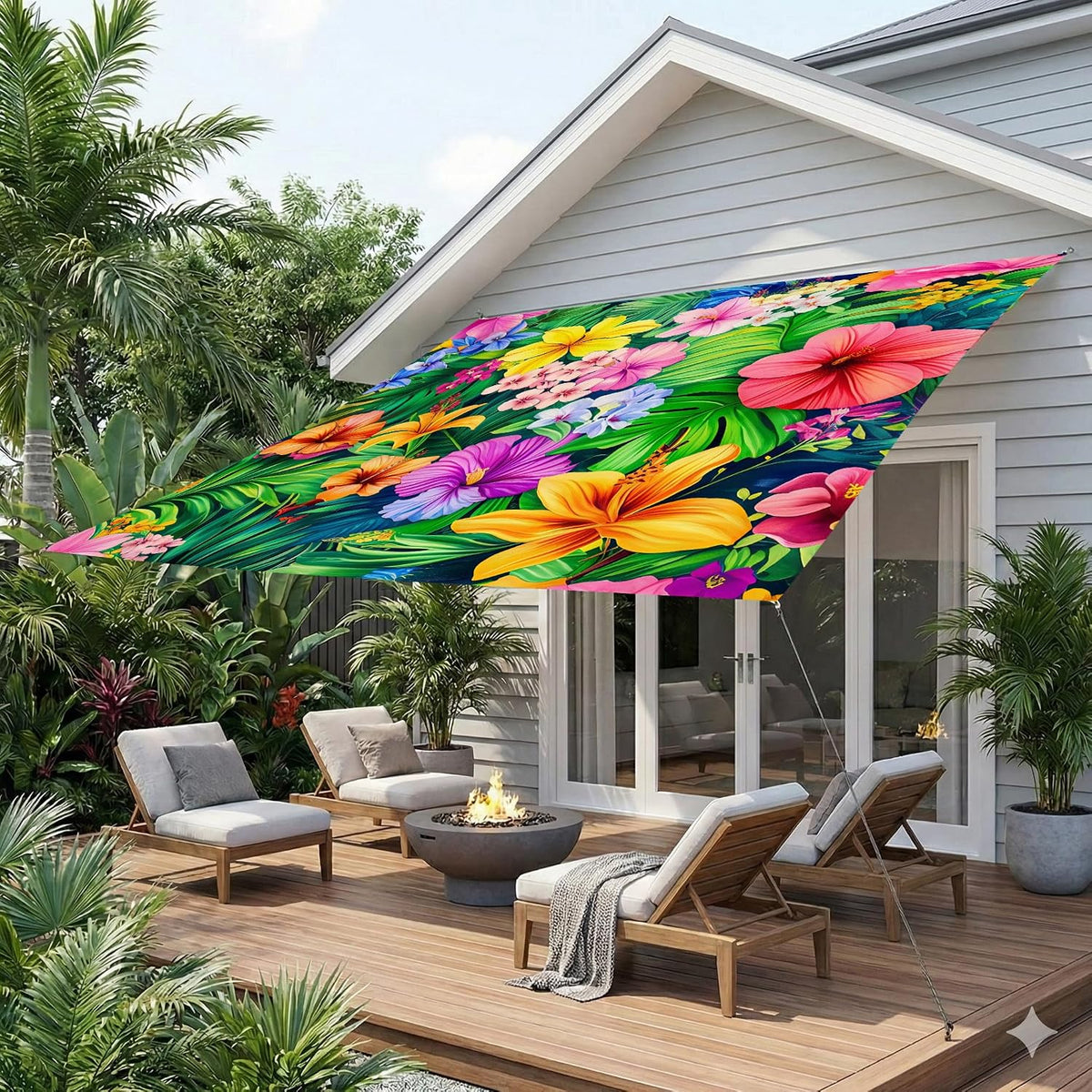 Miytal Tropical Floral Sun Shade Sail – 6'×6' Vibrant Hibiscus Palm Leaf Outdoor Canopy, UV Resistant Patio Shade Cloth for Garden, Backyard, Deck & Poolside Decor