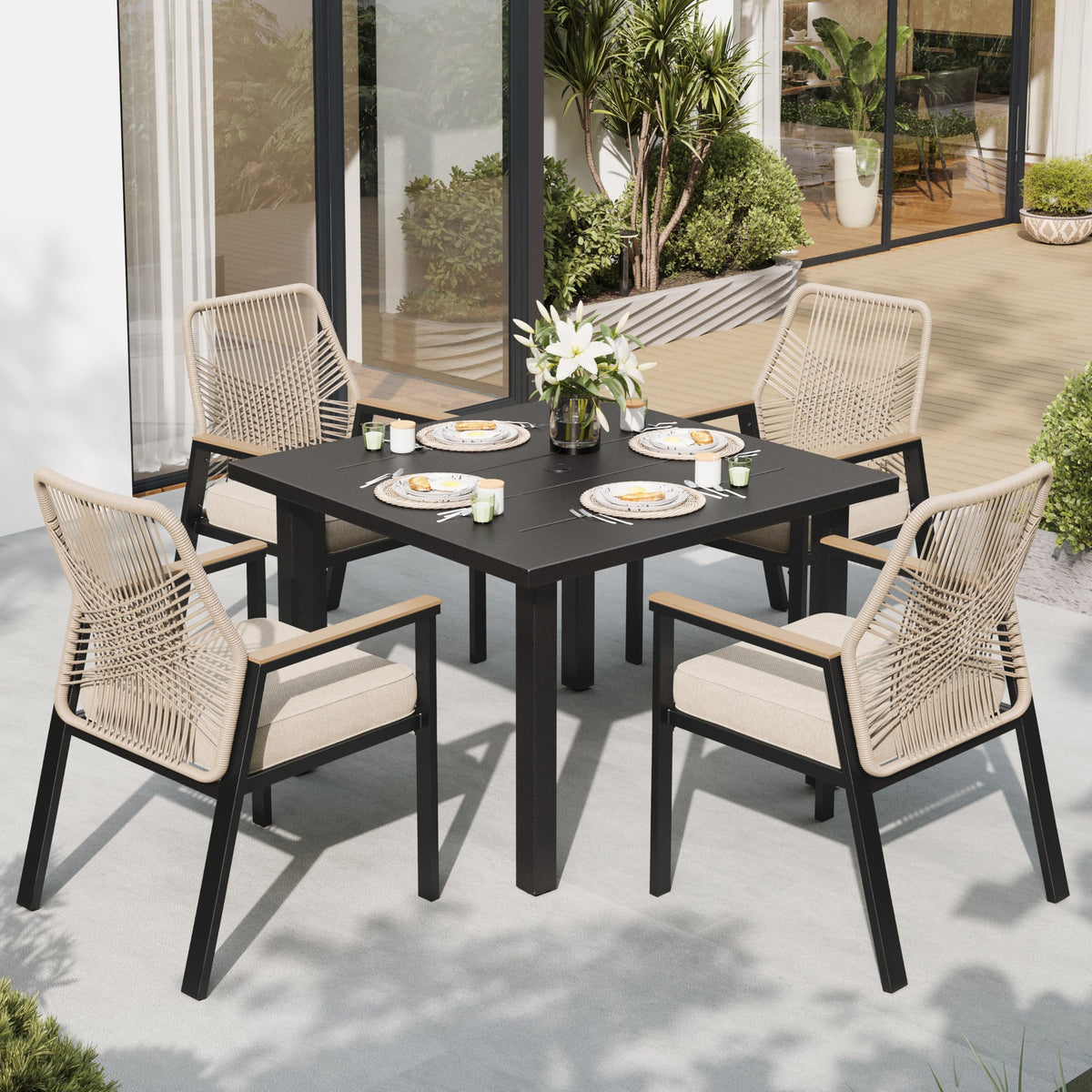 SUNSHINE VALLEY 9pc Patio Dining Set, 57.5" Square Table & 8 Rattan Chairs
