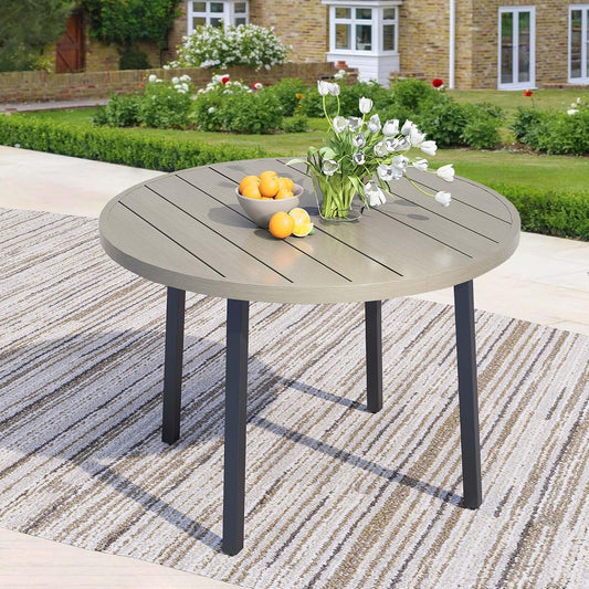 42" Round Patio Dining Table for 4, All-Weather Metal Patio Table with Umbrella Hole, Outdoor Round Dining Table for Lawn Garden Porch, Honey Oak