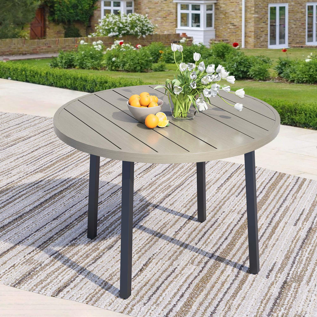 42" Round Patio Dining Table for 4, All-Weather Metal Patio Table with Umbrella Hole, Outdoor Round Dining Table for Lawn Garden Porch, Honey Oak