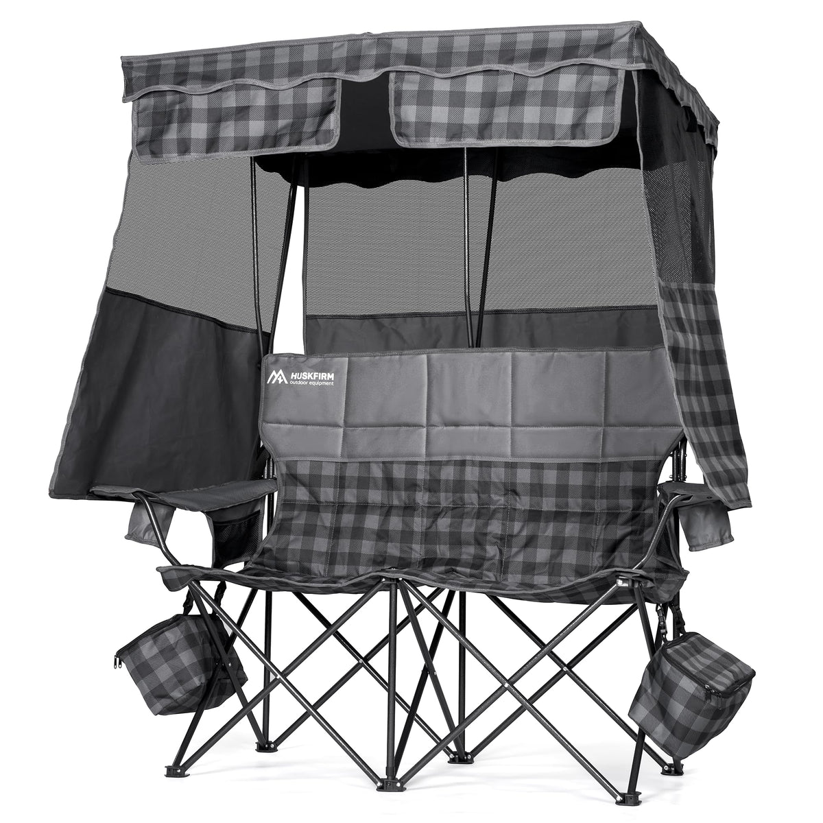 Padded Double Camping Chair With Canopy,Folding Chair Support 450LBS, Blue