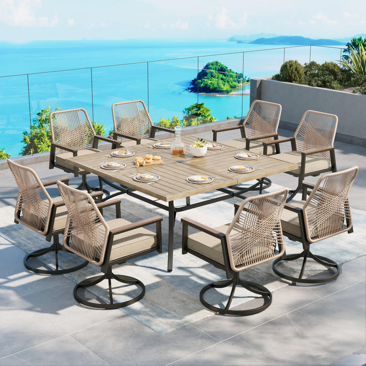 SUNSHINE VALLEY 9pc Patio Dining Set, 57.5" Square Table & 8 Rattan Chairs
