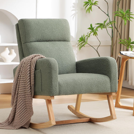 HCHAIRH Rocking Chair Nursery, Boucle Teddy Nursing Rocking Chairs, Upholstered Nursery Glider Rocker for Mom Nursery Morden Accent Rocking Chair with Side Pocket for Living Room,Bedroom, Light Green