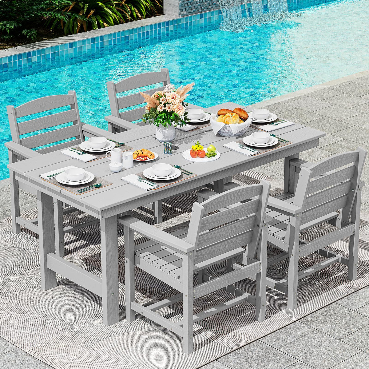 SERWALL 7 Pcs Outdoor Dining Set, 67" HDPE Dining Set for 6, Black