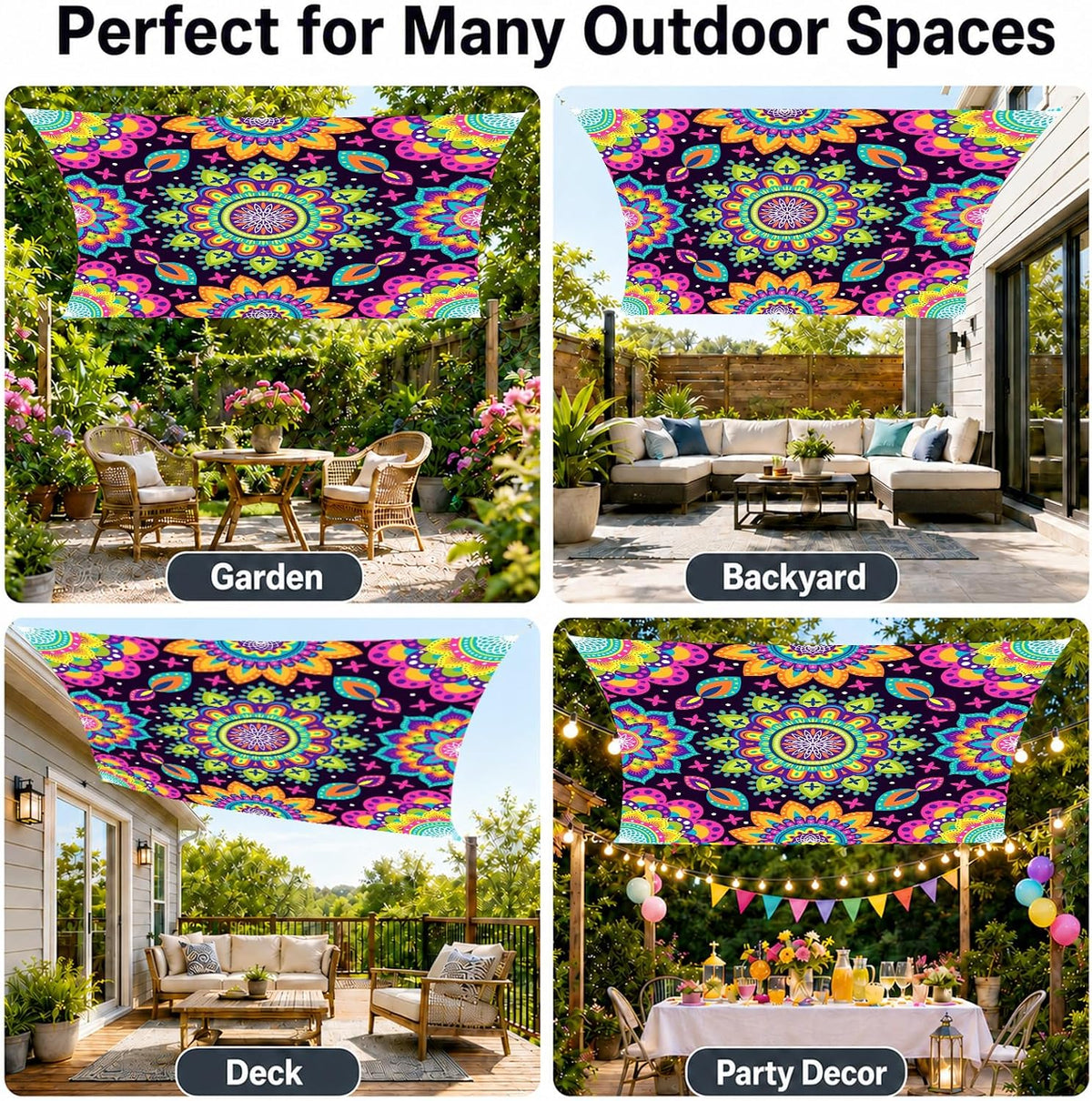 Miytal Blacklight Outdoor Sunshade Sail – 6' × 6' UV Reactive Mandala Canopy, Glow in the Dark Neon Tie-Dye Patio Shade Cloth for Garden, Backyard, Deck & Party Decor