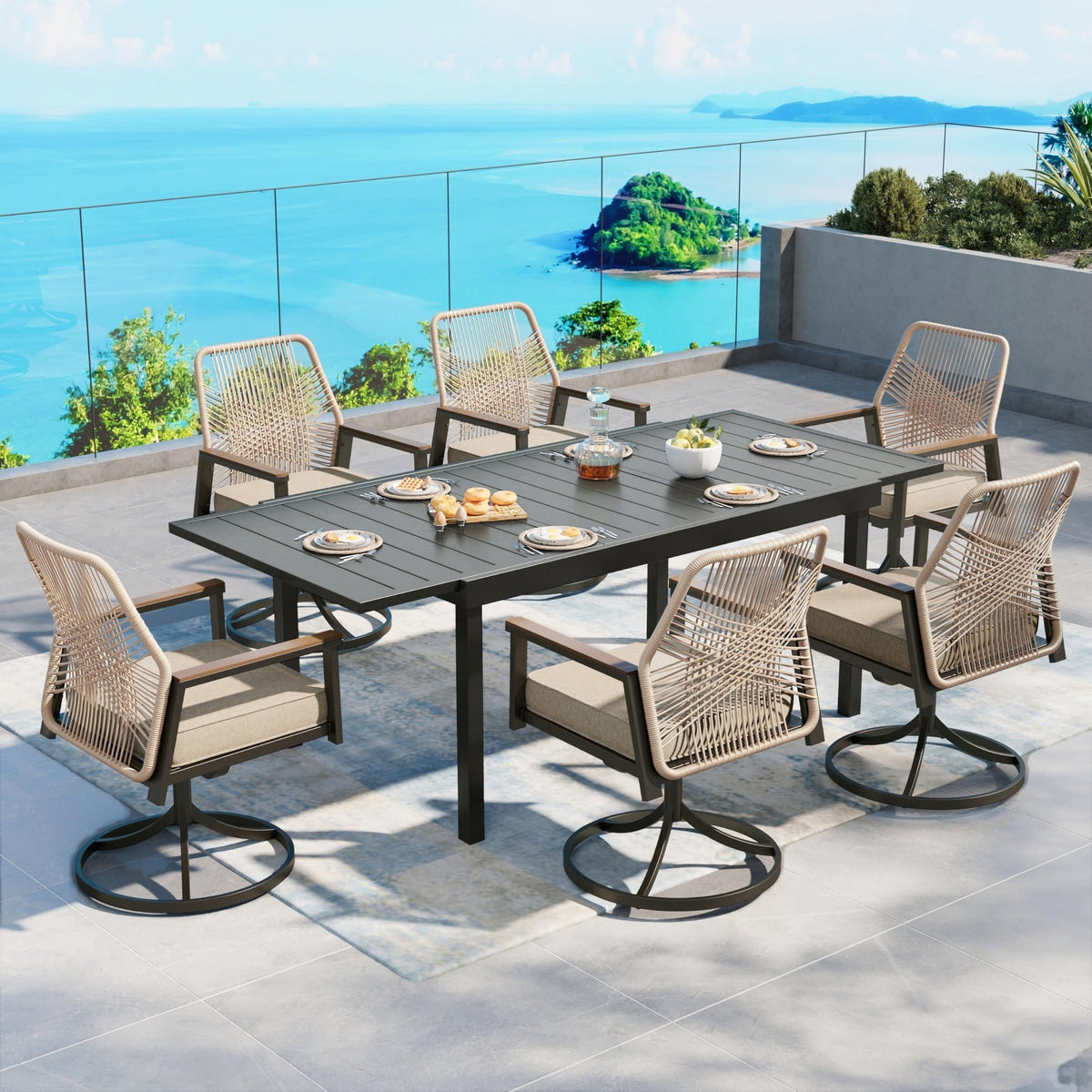 SUNSHINE VALLEY 9pc Patio Dining Set, 57.5" Square Table & 8 Rattan Chairs