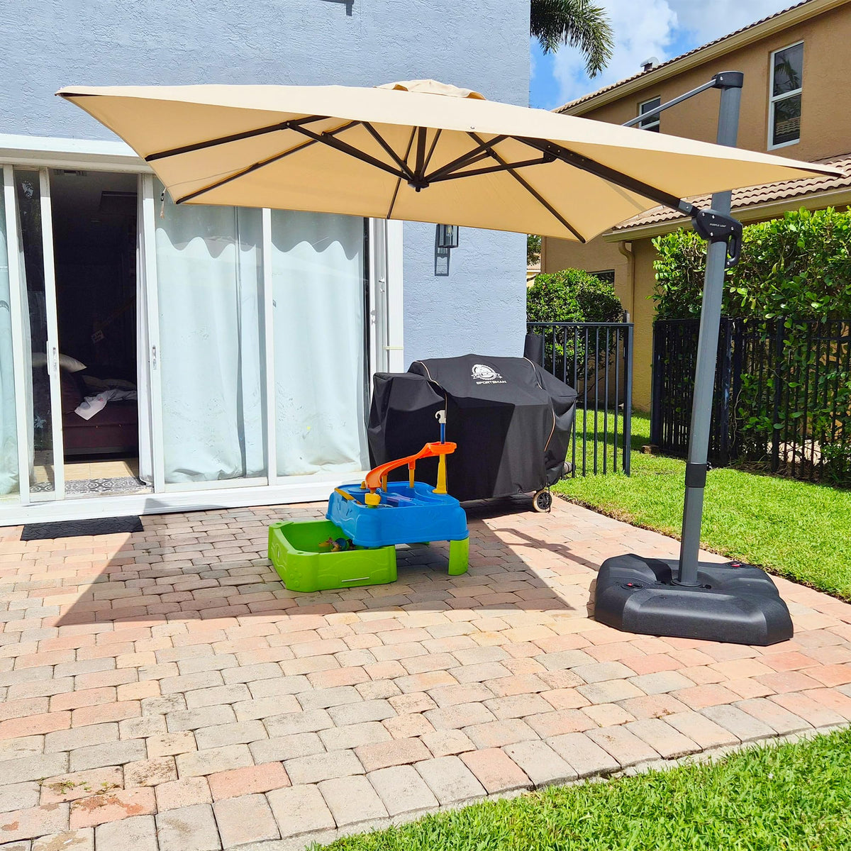 PURPLE LEAF Patio Umbrella with Base 9' x 11.5' 360° Rotation Control Beige