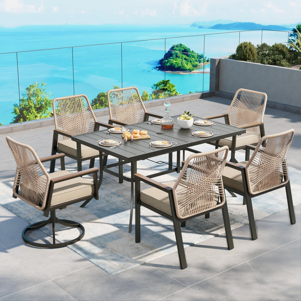 SUNSHINE VALLEY 9pc Patio Dining Set, 57.5" Square Table & 8 Rattan Chairs