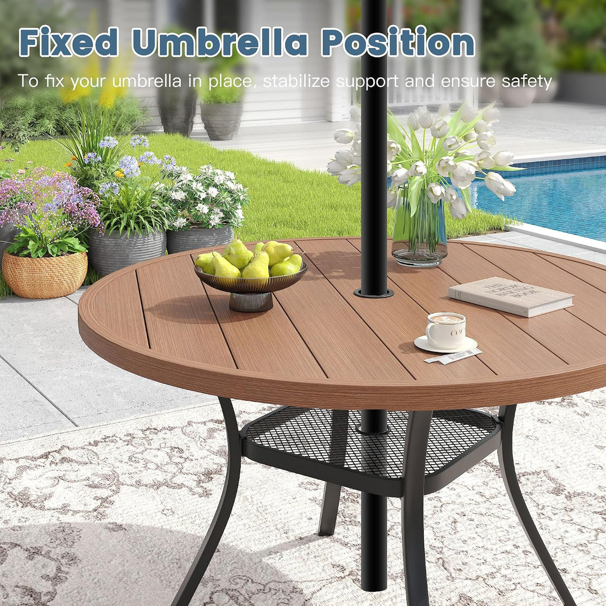 DIFY 48" Round Patio Dining Table for 6, All Weather Round Outdoor Metal Dining Table with 1.57" Umbrella Hole, Perfect for Backyard Lawn Garden, Walnut