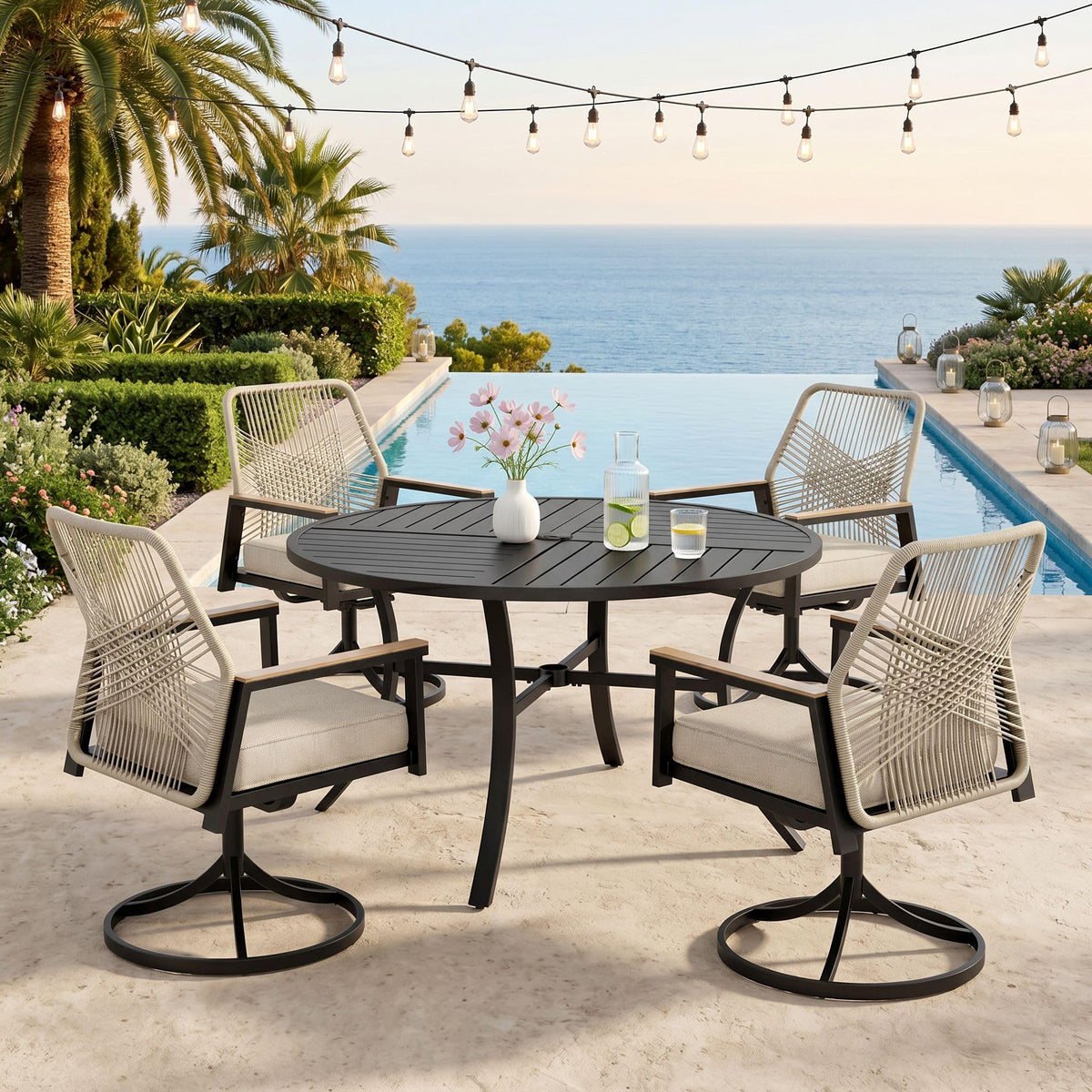 SUNSHINE VALLEY 9pc Patio Dining Set, 57.5" Square Table & 8 Rattan Chairs