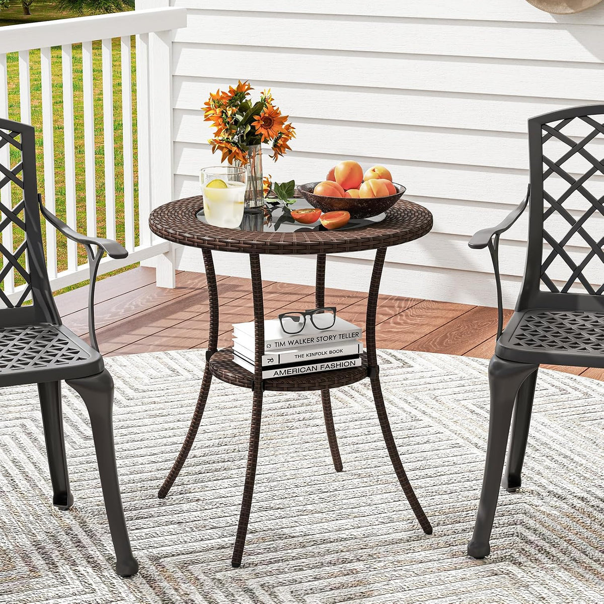 Tangkula 25.5" Wicker Patio Dining Table, Outdoor Round Bistro Side Table with Tempered Glass Top and Storage Shelf, for Balcony, Garden and Backyard