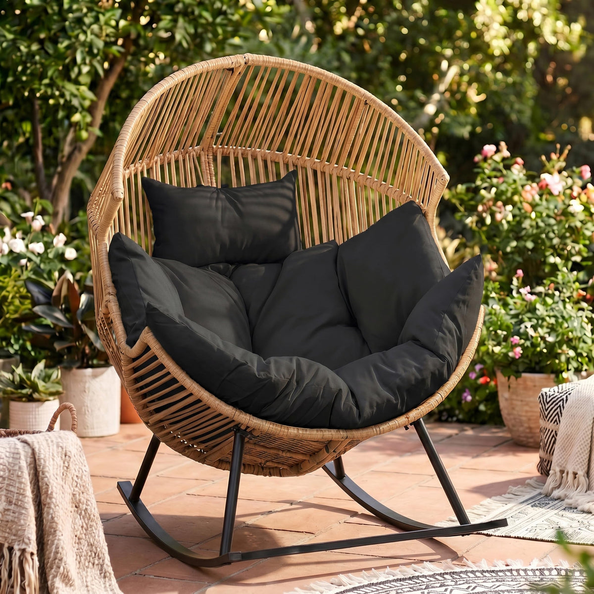 JAMFLY Egg Chair Rocking Chairs, Wicker Patio Chair Oversized Lounger Chair with Cushion for Indoor Living Room Bedroom Outdoor Patio Backyard Balcony Garden, Cream White