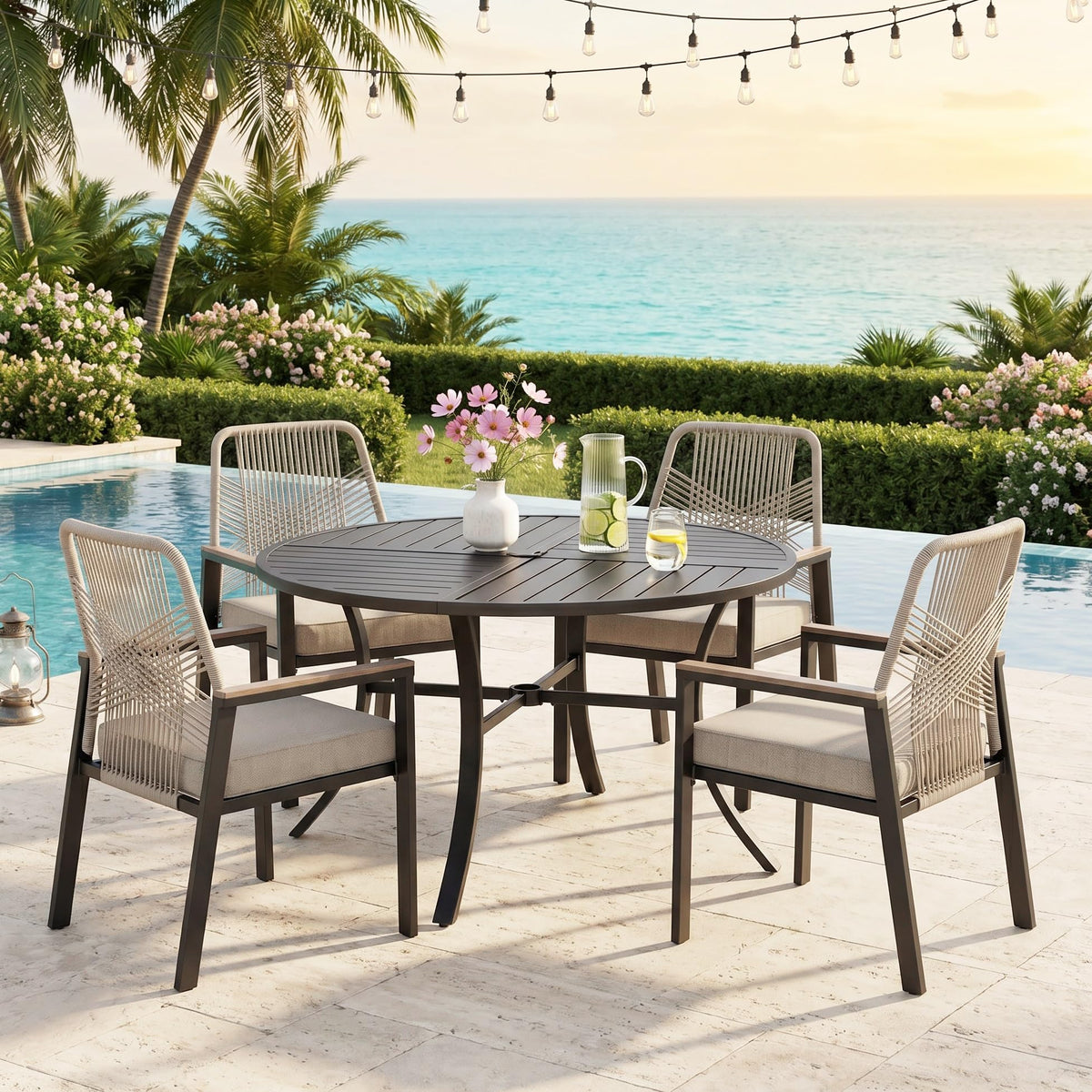 SUNSHINE VALLEY 9pc Patio Dining Set, 57.5" Square Table & 8 Rattan Chairs
