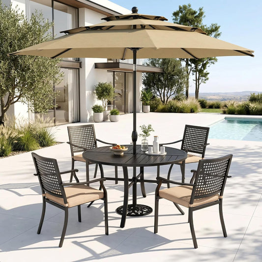 PHI VILLA Patio Round Table w/Umbrella Hole, Metal Table for 4, Black