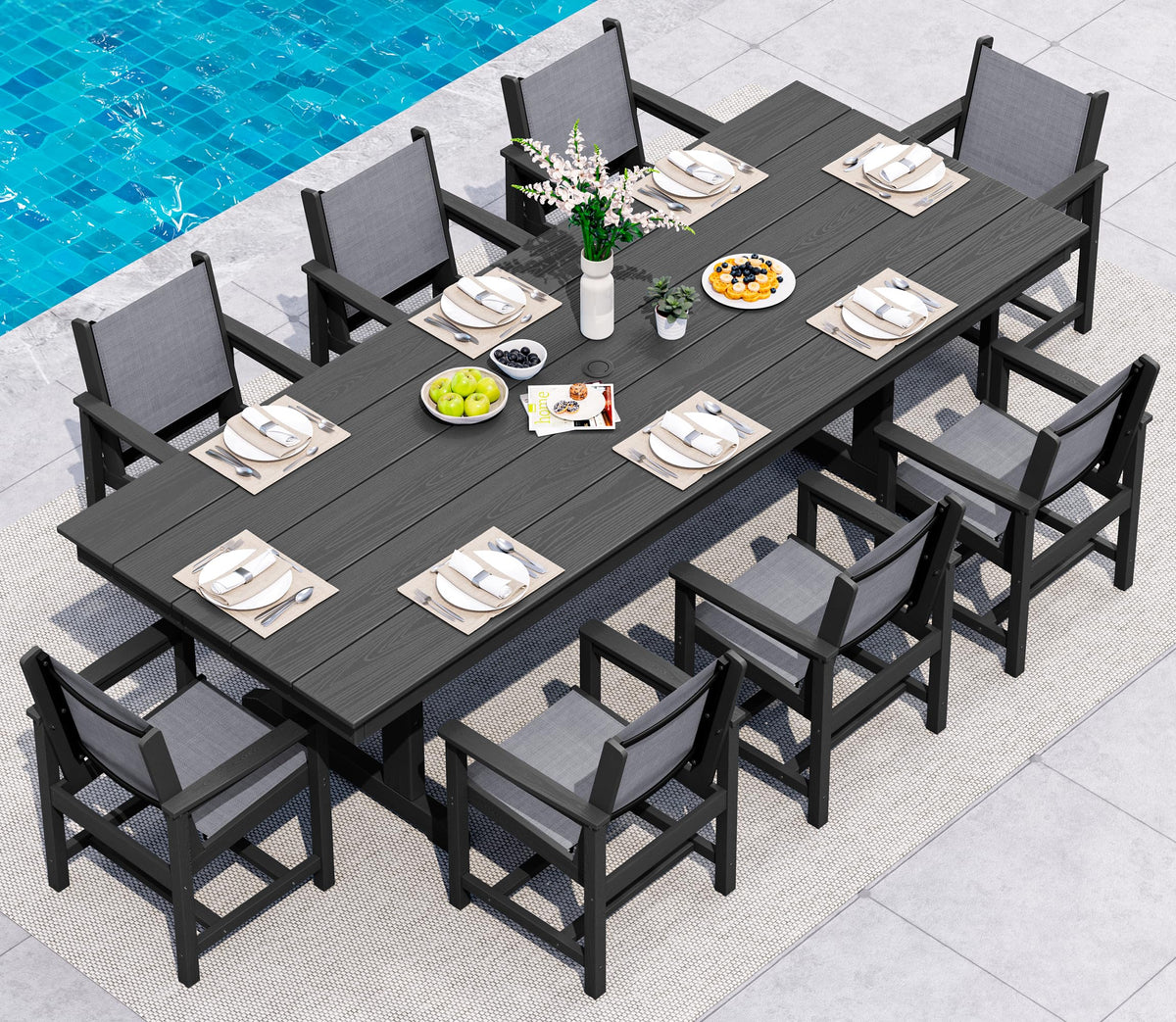 SERWALL Outdoor 84" HDPE Rectangular Dining Table for 6-8,All-Weather,Black