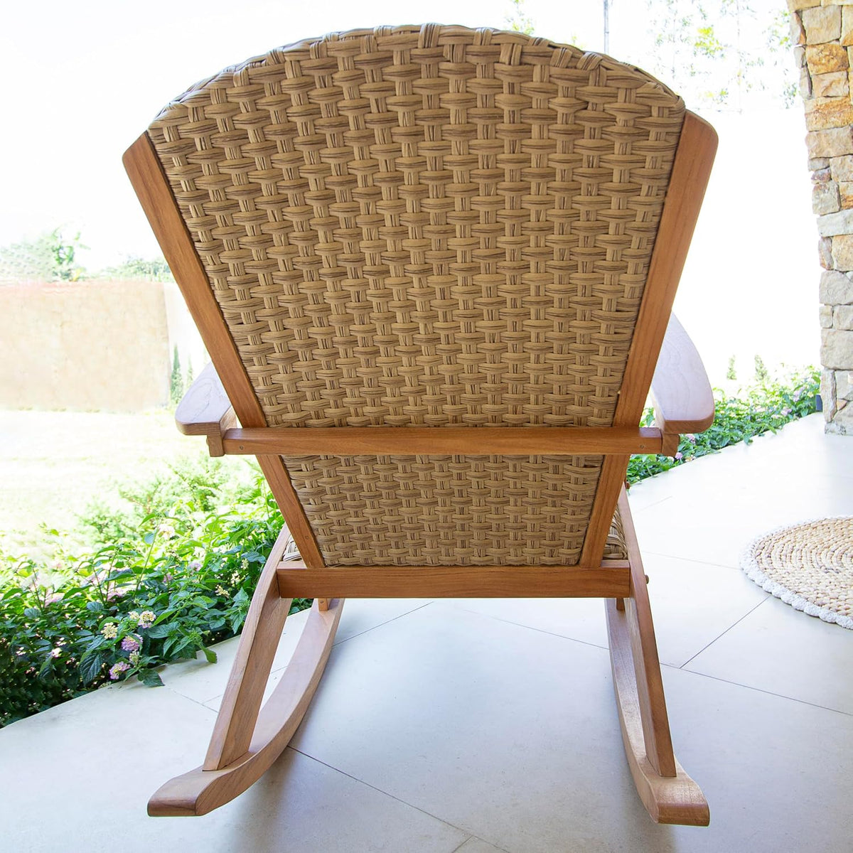 Cambridge Casual Camden 3-Piece Teak Wood Patio Conversation Set Beige Wicker, Padded Woven Seat, Deep Seating Rocking Chair Set of 2 with Side Table, Quick Dry Foam