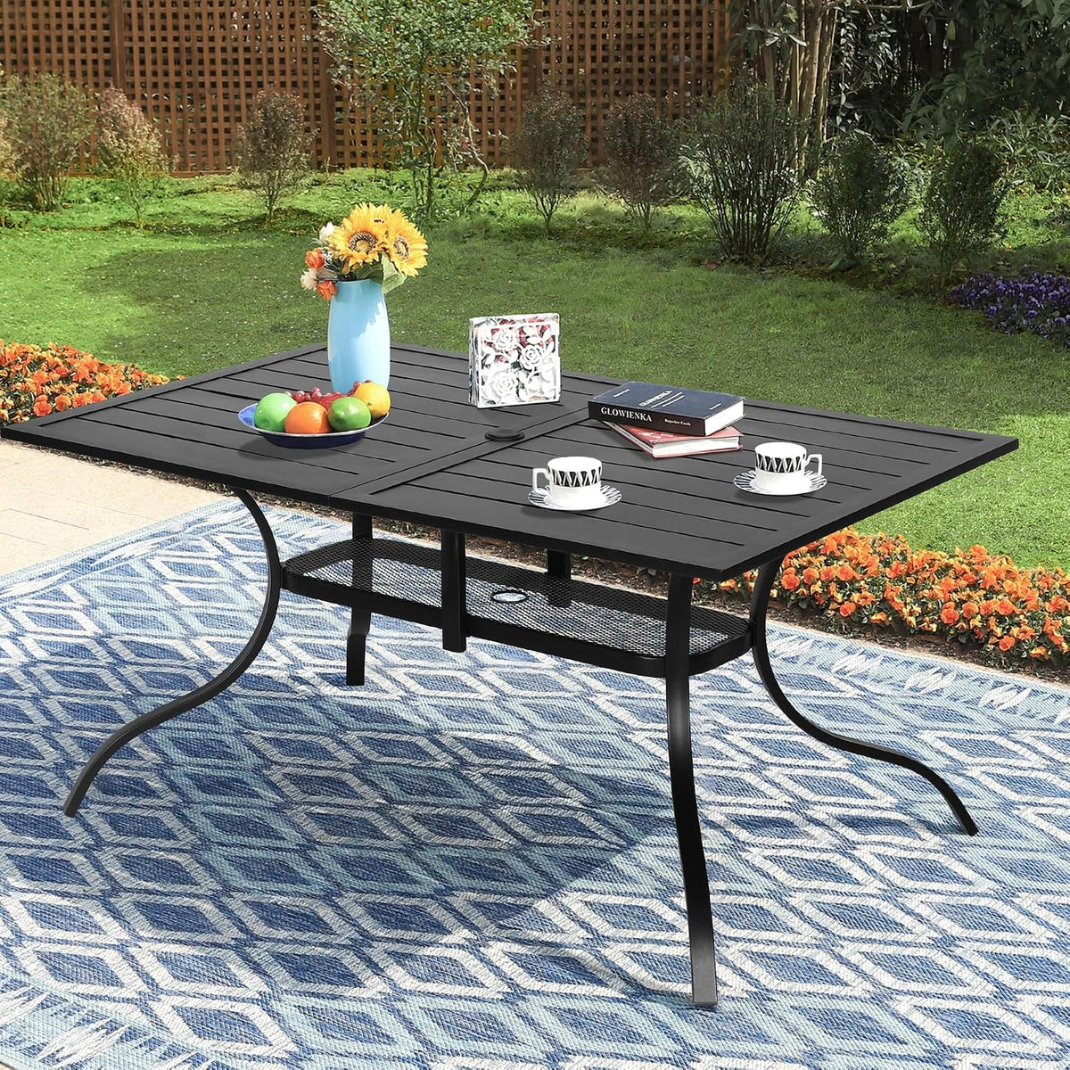 Incbruce Patio Dining Table, 60" x 36" Rectangle Metal Steel Slat Table, with 1.57" Umbrella Hole, for Backyards, Porches, Gardens or Poolside
