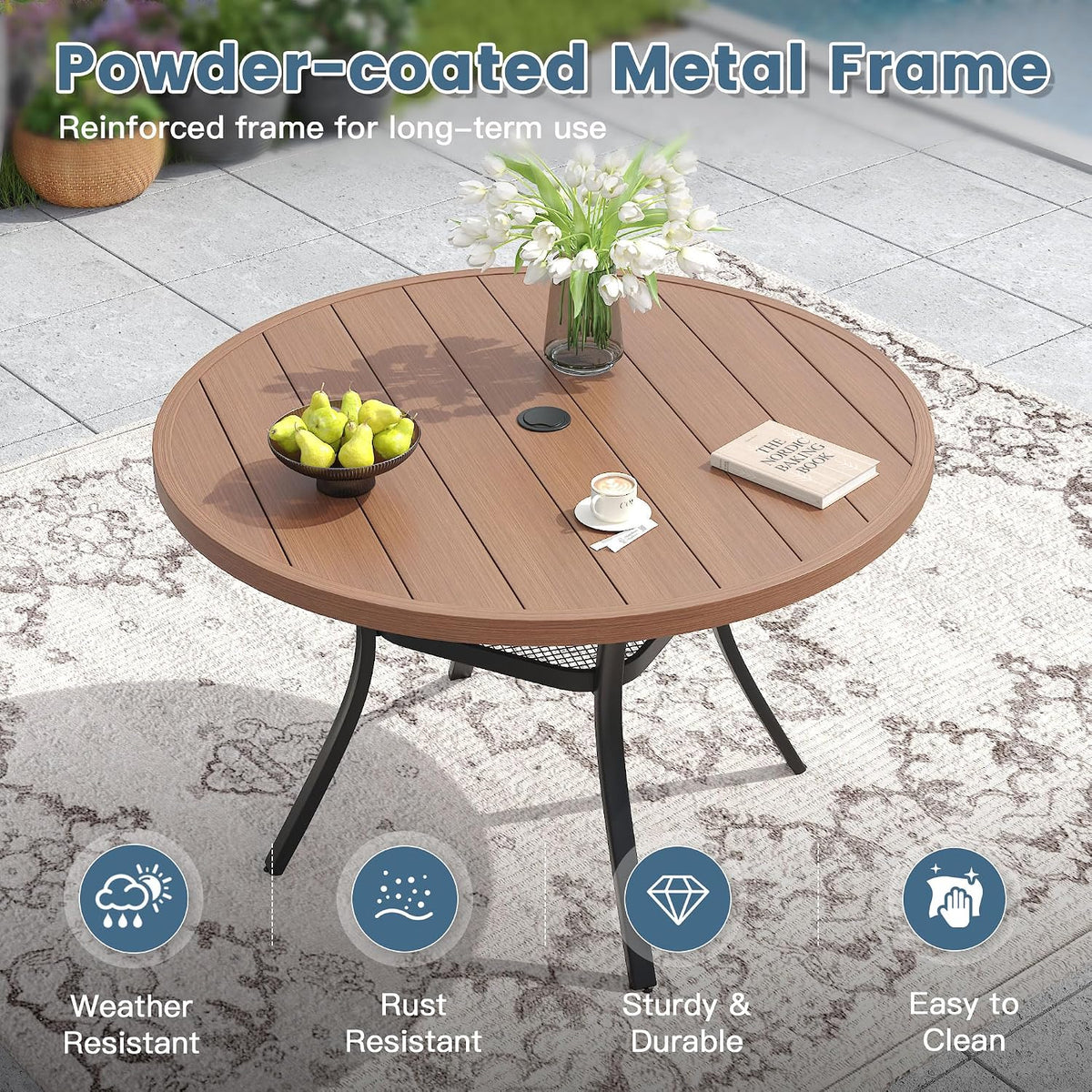 DIFY 48" Round Patio Dining Table for 6, All Weather Round Outdoor Metal Dining Table with 1.57" Umbrella Hole, Perfect for Backyard Lawn Garden, Walnut