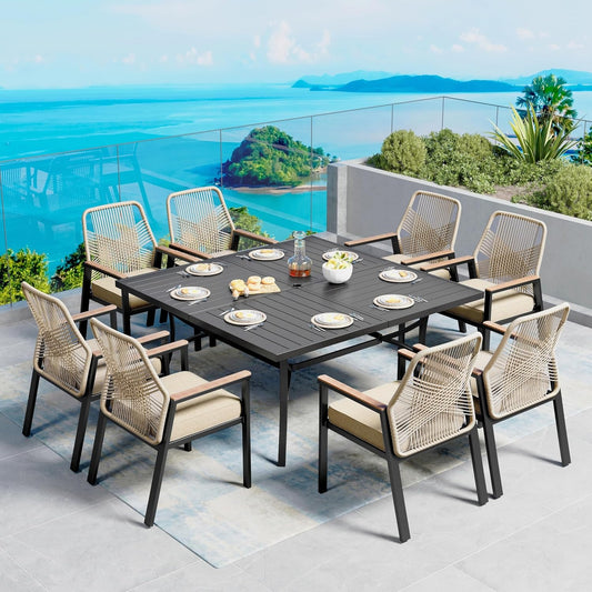 SUNSHINE VALLEY 9pc Patio Dining Set, 57.5" Square Table & 8 Rattan Chairs
