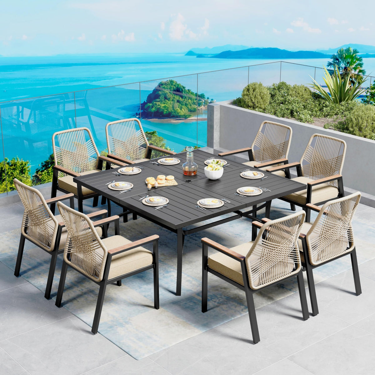 SUNSHINE VALLEY 9pc Patio Dining Set, 57.5" Square Table & 8 Rattan Chairs
