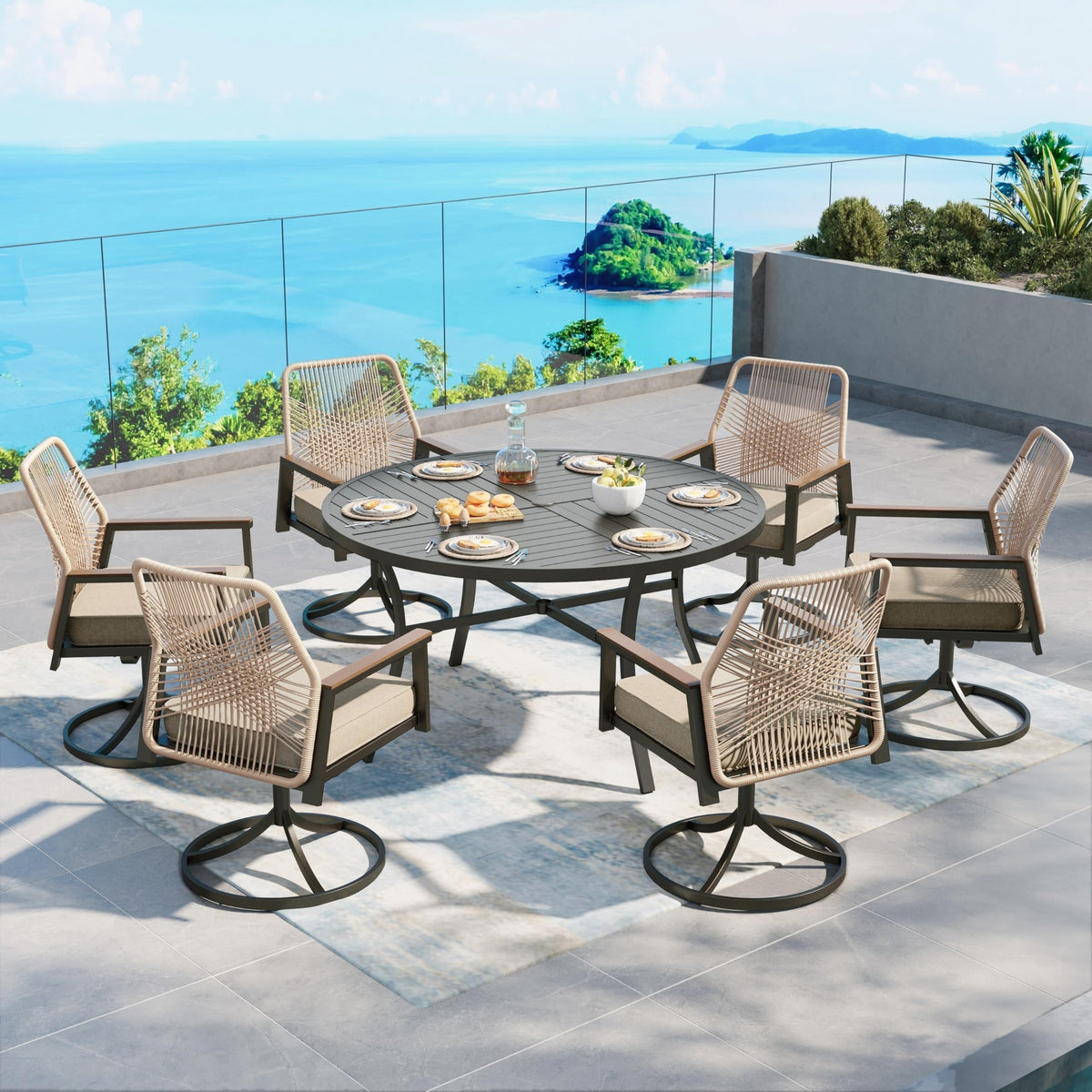 SUNSHINE VALLEY 9pc Patio Dining Set, 57.5" Square Table & 8 Rattan Chairs