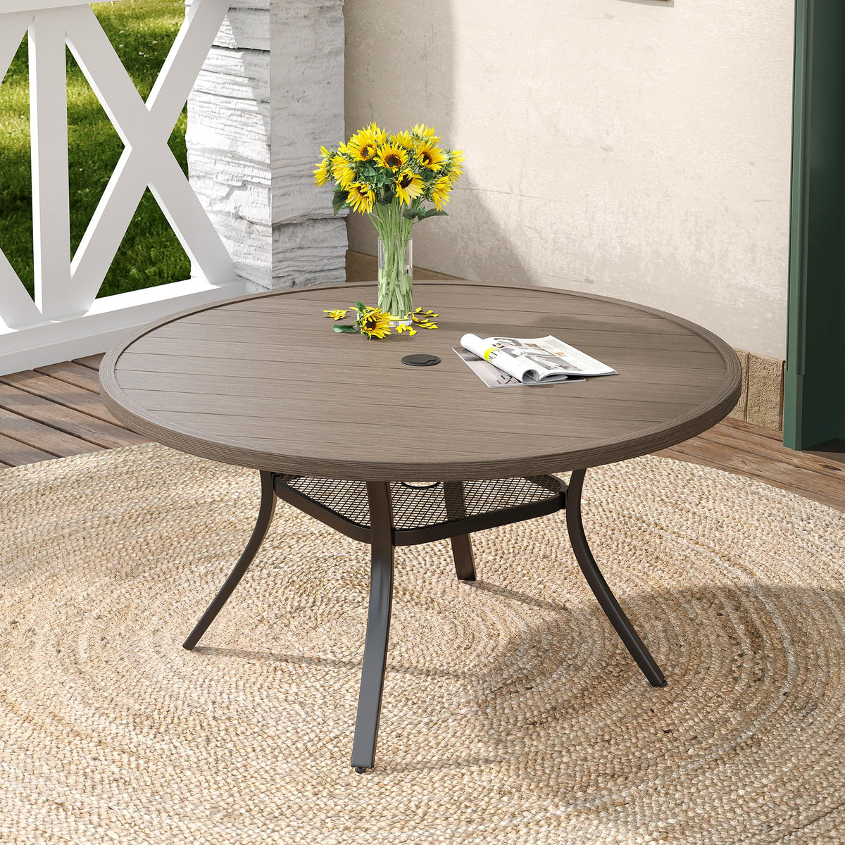 DIFY 48" Round Patio Dining Table for 6, All Weather Round Outdoor Metal Dining Table with 1.57" Umbrella Hole, Perfect for Backyard Lawn Garden, Walnut