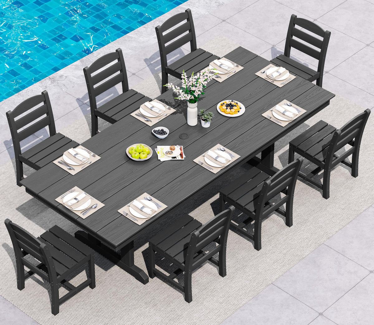 SERWALL Outdoor 84" HDPE Rectangular Dining Table for 6-8,All-Weather,Black