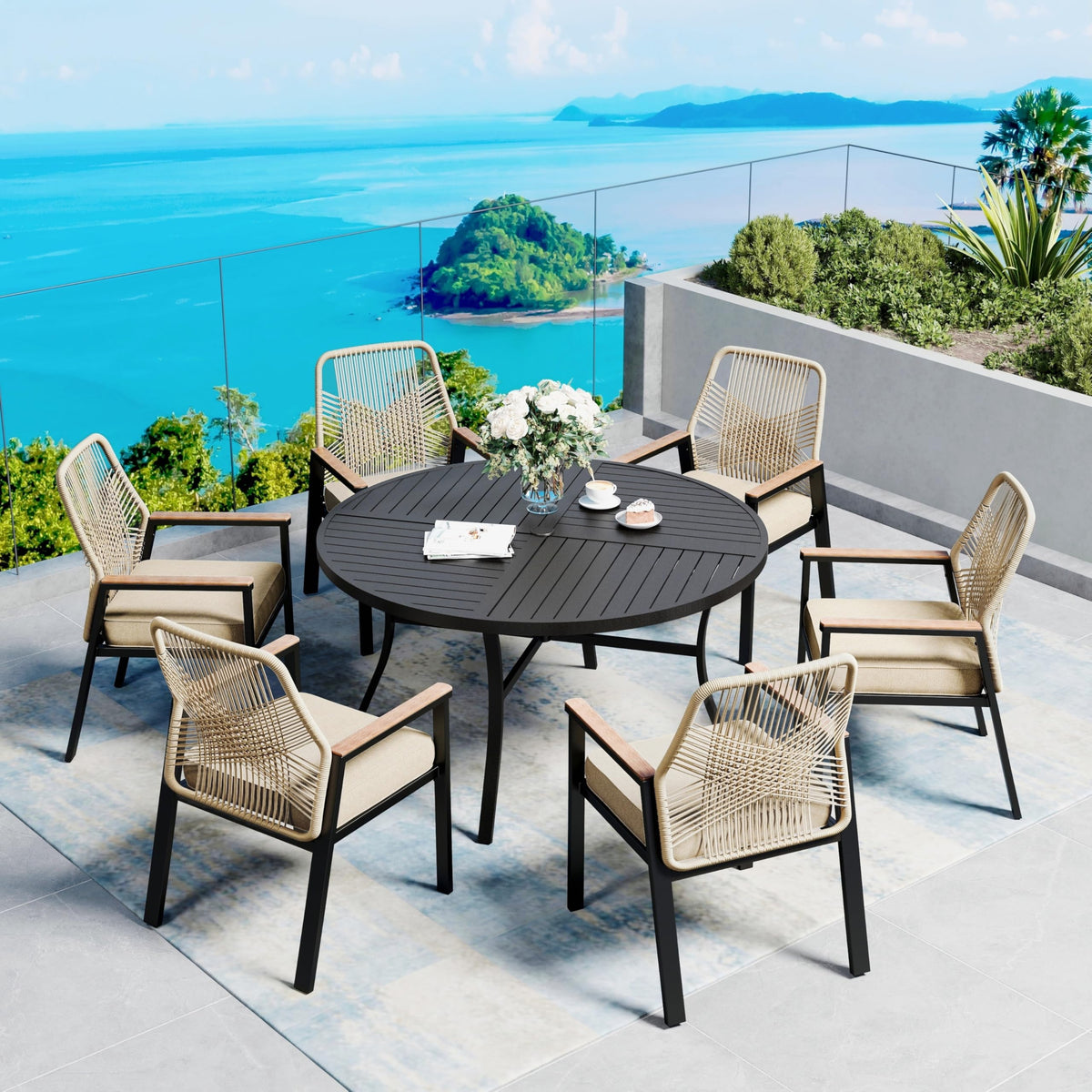 SUNSHINE VALLEY 9pc Patio Dining Set, 57.5" Square Table & 8 Rattan Chairs