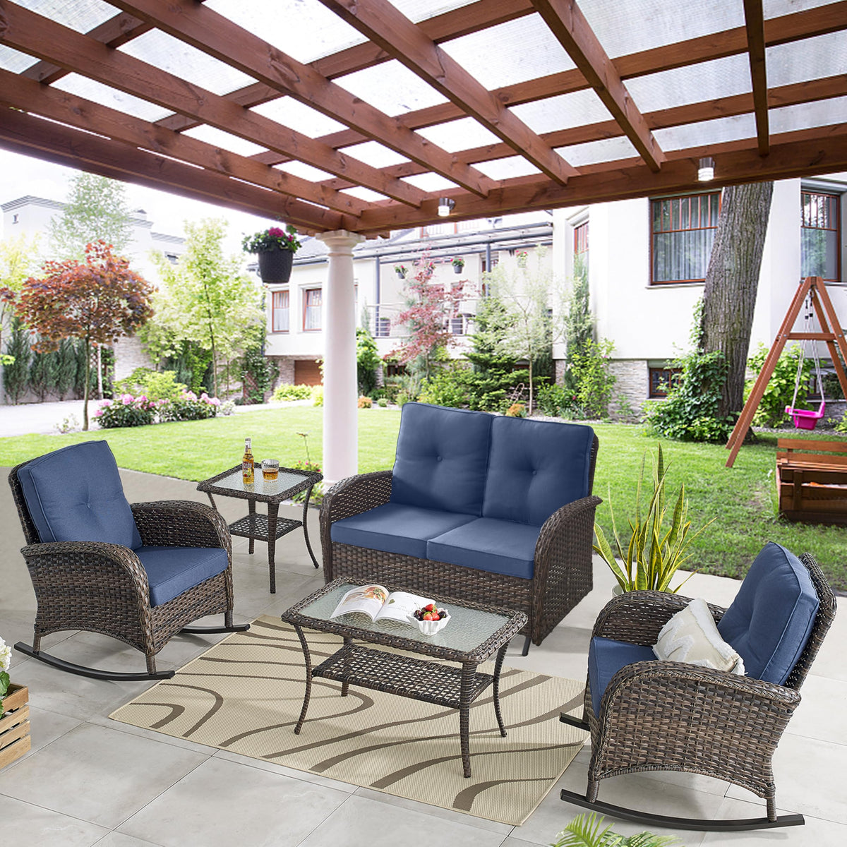 Belord Patio Rocking Chair Wicker Chair, 1 Piece Outdoor Rocking Chair Seating with Cushions for Porch Deck Balcony, Brown/Blue