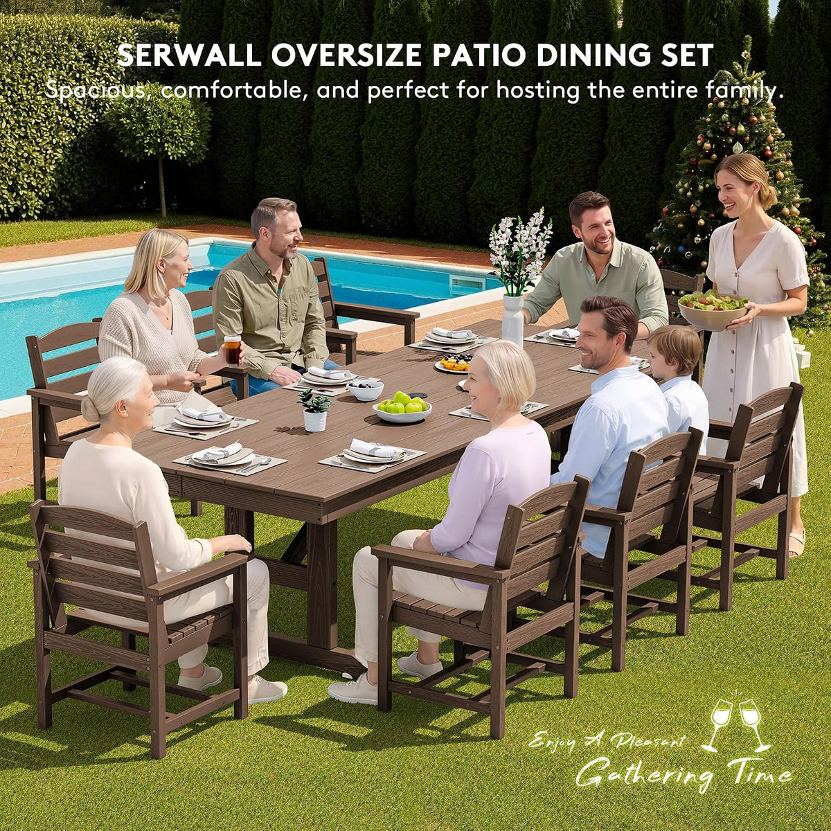 SERWALL Outdoor 84" HDPE Rectangular Dining Table for 6-8,All-Weather,Brown